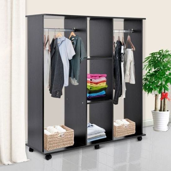 Homcom Mobile Double Open Wardrobe With Clothes Hanging Rail Black | Robert  Dyas In Double Black Covered Tidy Rail Wardrobes (Gallery 1 of 20)