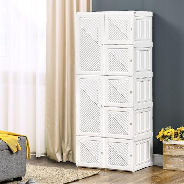 Homcom Portable Wardrobe Closet, Folding Armoire, Storage Organizer With Cube  Compartments, Hanging Rod, Magnet Doors, White 831 559 – The Home Depot Inside Wardrobes With Cube Compartments (Gallery 1 of 20)