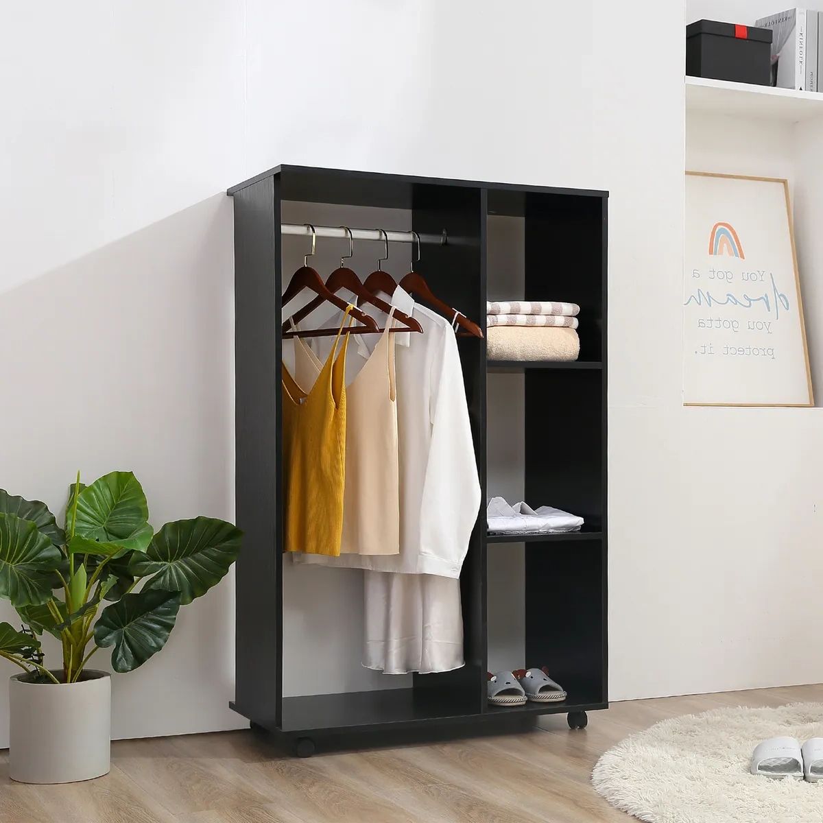 Homcom Rolling Open Wardrobe Hanging Rail Storage Shelves For Clothes, Black  | Ebay Inside Double Black Covered Tidy Rail Wardrobes (View 17 of 20)