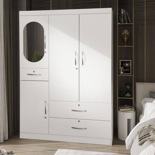 Homy Casa Porkliver White 20.5 In. Wood Oval Mirror Wardrobe With Drawer  Porkliver Wardrobe Oval Mirror – The Home Depot Pertaining To White Wardrobes With Drawers And Mirror (Gallery 11 of 20)