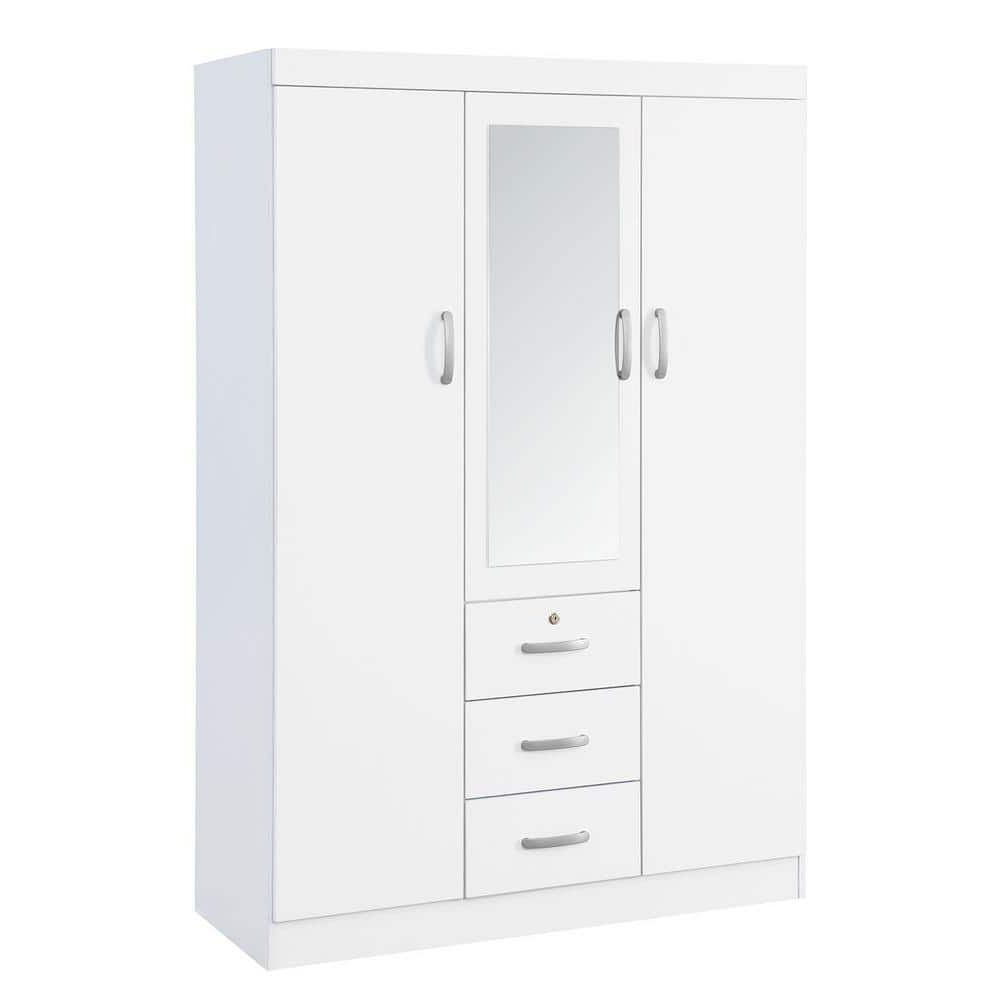 Homy Casa Porkliver White Wood 19 In. Square Mirror Wardrobe With Drawer  Porkliver Wardrobe Square Mirror – The Home Depot Within White Wardrobes With Drawers And Mirror (Gallery 15 of 20)