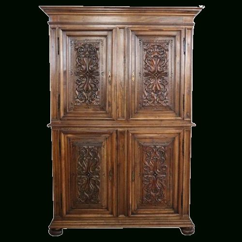 Imposing Antique Wardrobe Pantry Cabinet In Carved Solid Walnut, 19th  Century | Grand Vintage Intended For Antique Wardrobes (Gallery 2 of 20)