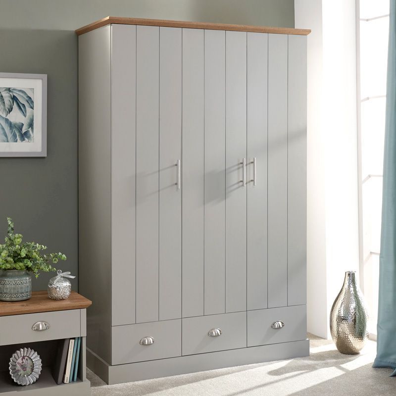 Kendal Tall Wardrobe Grey 3 Doors 1 Shelf 3 Drawers – Buy Online At Qd  Stores With Regard To Wardrobes With 3 Drawers (Gallery 5 of 20)
