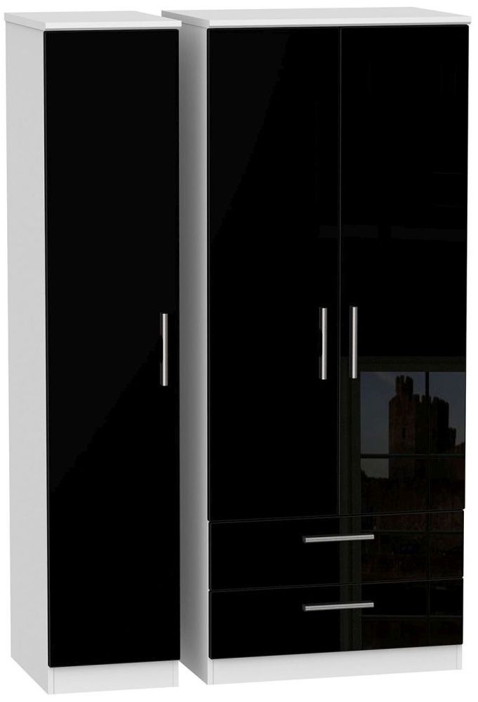 Knightsbridge 3 Door 2 Left Drawer Wardrobe – High Gloss Black And White –  Cfs Furniture Uk For Black Gloss 3 Door Wardrobes (View 18 of 20)
