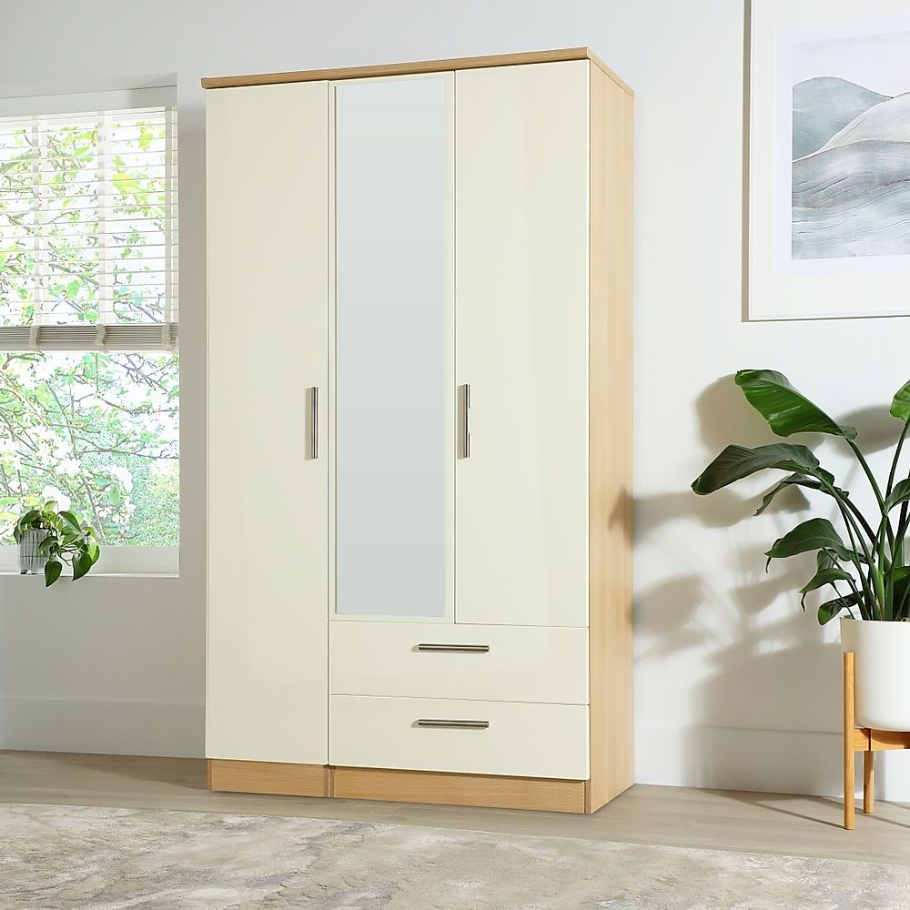 Knightsbridge Cream High Gloss And Oak 3 Door 2 Drawer Wardrobe With Mirror  | Furniture And Choice With Regard To Cream Triple Wardrobes (View 16 of 20)