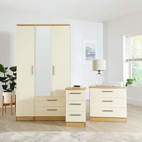Knightsbridge Cream High Gloss And Oak 3 Piece 3 Door Wardrobe Bedroom  Furniture Set | Furniture And Choice In Cream Wardrobes (View 15 of 20)