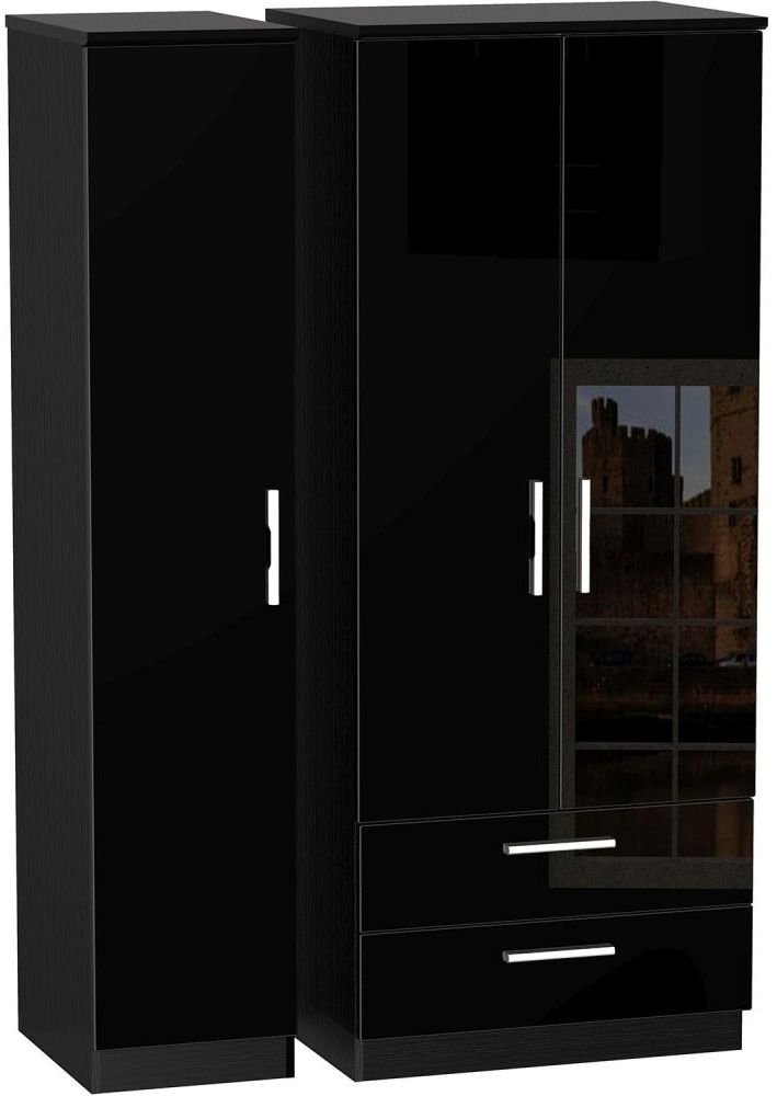 Knightsbridge High Gloss Black 3 Door 2 Drawer Wardrobe – Cfs Furniture Uk In Cheap Black Gloss Wardrobes (View 7 of 20)