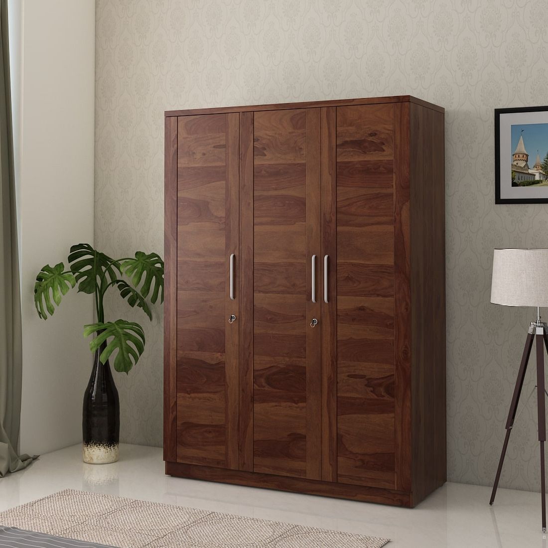 Kosmo Grace 3 Door Wardrobe Without Mirror Sheesham | Spacewood Ecommerce Pertaining To 3 Doors Wardrobes With Mirror (Gallery 20 of 20)