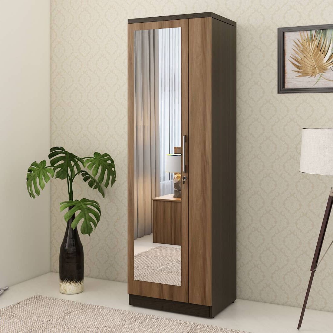 Kosmo Ken 1 Door Wardrobe With Mirror Walnut Bronze Woodpore | Spacewood  Ecommerce Regarding One Door Mirrored Wardrobes (View 2 of 20)