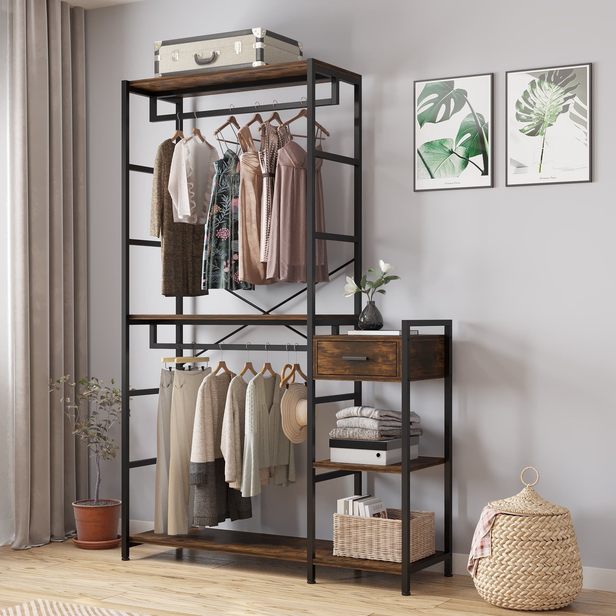 Ktaxon Heavy Duty Double Rods Clothing Garment Rack, Freestanding Closet  Organizer Portable Metal Wardrobe Rack With 5 Shelves And Storage Drawer,  Rustic Brown – Walmart For Wardrobes With Double Hanging Rail (View 18 of 20)