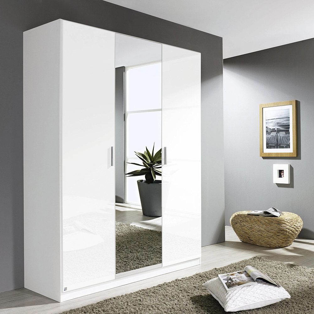 Laguna 3 Door 1 Mirror Hinged Wardrobe High Polish White – Glasswells In White Gloss Mirrored Wardrobes (Gallery 6 of 20)