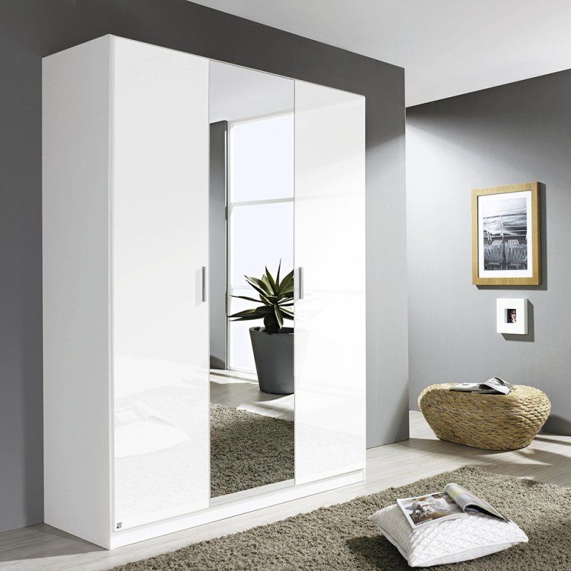 Laguna 3 Door 1 Mirror Hinged Wardrobe High Polish White – Glasswells Within 1 Door Mirrored Wardrobes (View 10 of 20)