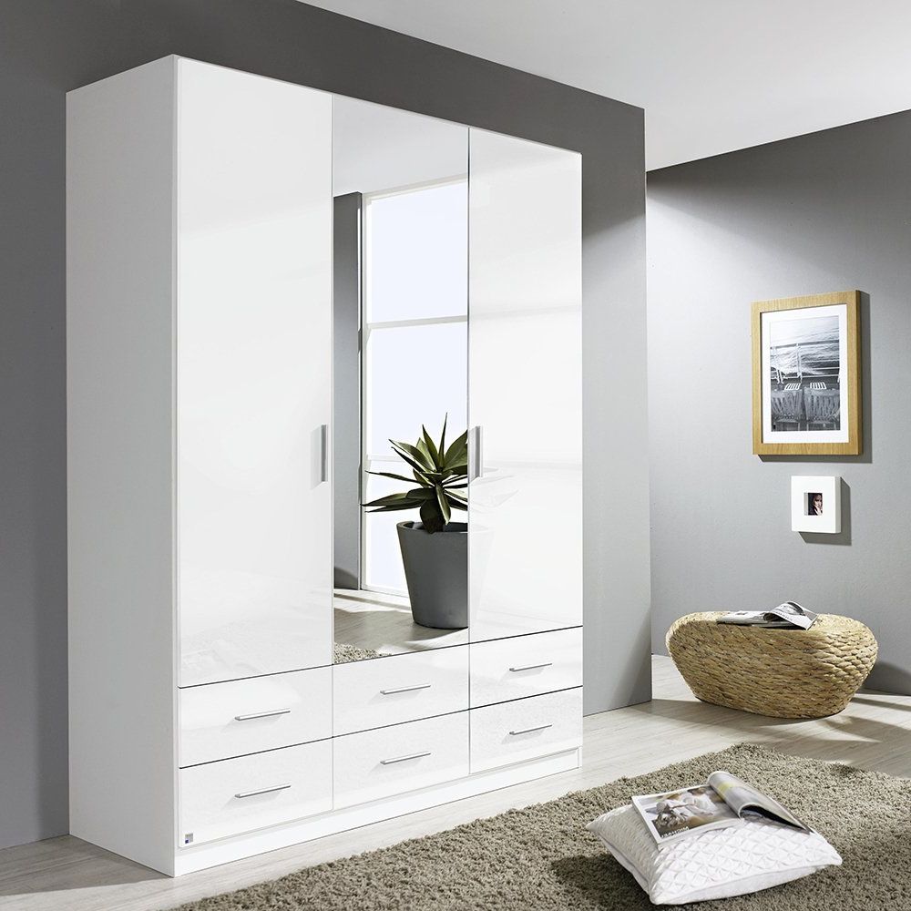 Laguna 3 Door 6 Drawer Mirrored Wardrobe High Polish White – Glasswells In Three Door Mirrored Wardrobes (View 7 of 20)