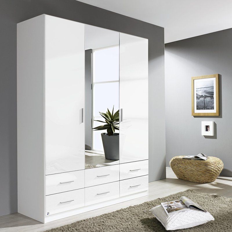 Laguna 3 Door 6 Drawer Mirrored Wardrobe High Polish White – Glasswells Regarding White Wardrobes With Drawers And Mirror (Gallery 18 of 20)