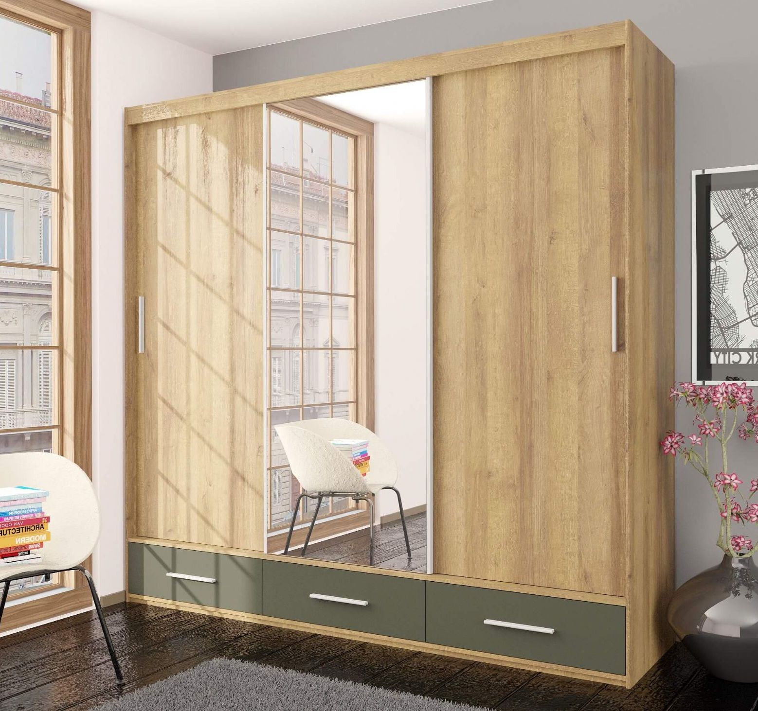 Large Wardrobe Set – 3 Door Sliding Wardrobe With Sliding Doors For Oak 3 Door Wardrobes (Gallery 18 of 20)