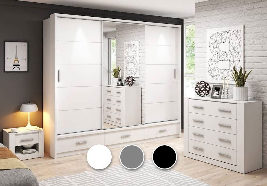 Lenart Bedroom Furniture Set White, Black, Grey | 3 Door – 250cm Wide With Black And White Wardrobes Set (View 2 of 20)