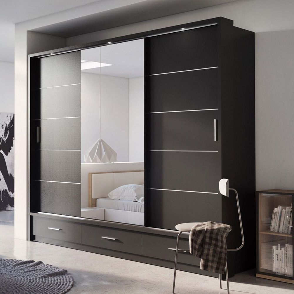 Lenox Sliding Mirrored Wardrobe With Drawers In Matt Black, Grey, White | 3  Door – 250cm Wide For 3 Doors Wardrobes With Mirror (View 4 of 20)