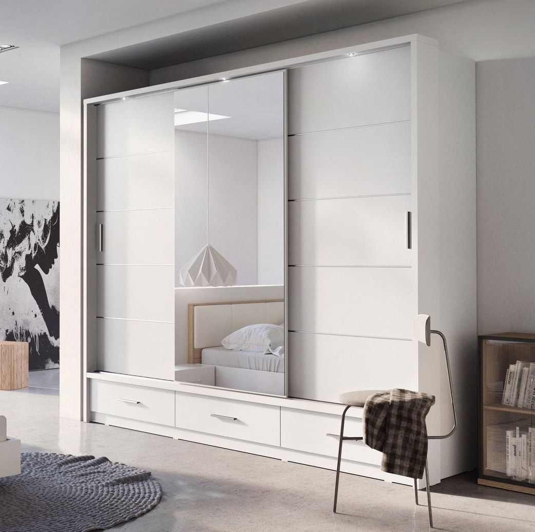 Lenox Sliding Mirrored Wardrobe With Drawers In Matt White | 3 Door – 250cm  Wide Intended For White 3 Door Mirrored Wardrobes (View 4 of 20)