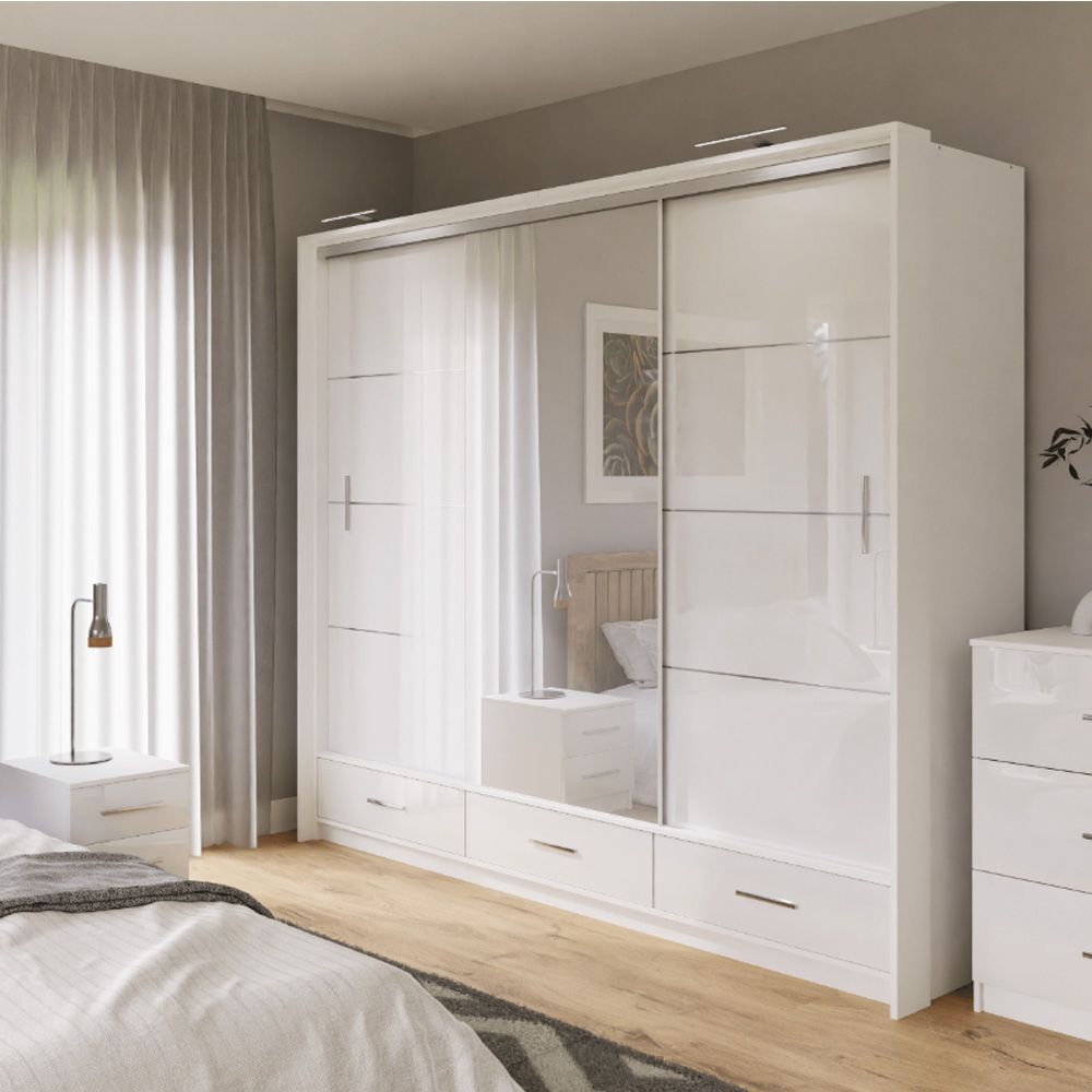 Lenox Sliding Wardrobe With Drawers White Gloss & Mirror 255cm In Single Wardrobes With Drawers And Shelves (View 12 of 20)