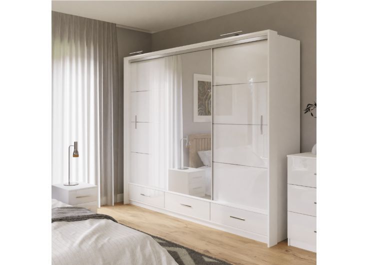 Lenox Sliding Wardrobe With Drawers White Gloss & Mirror 255cm Regarding 4 Door Wardrobes With Mirror And Drawers (View 12 of 20)