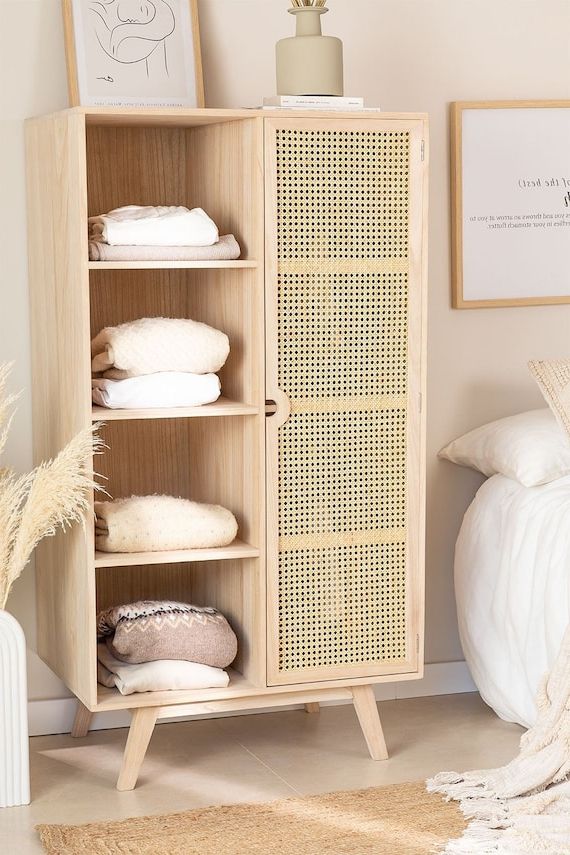 Libra Wardrobe Wooden Storage Unit With Natural Rattan Door – Etsy With Rattan Wardrobes (Gallery 1 of 20)
