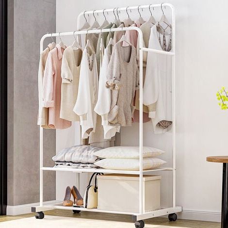 Livingandhome Rolling Clothes Rail Garment Rack Double Bar Clothing Shelf In Double Rail White Wardrobes (View 9 of 20)