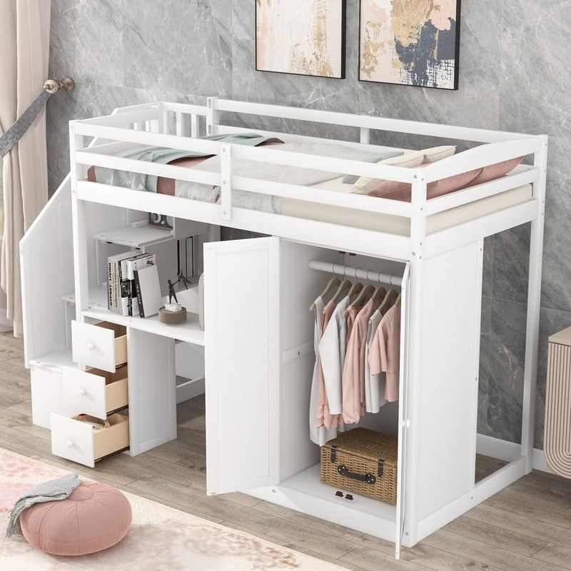 Loft Bed With Wardrobe And Staircase, Desk And Storage Drawers And Cabinet  – On Sale – Bed Bath & Beyond – 36679033 Within High Sleeper Bed With Wardrobes (Gallery 2 of 20)