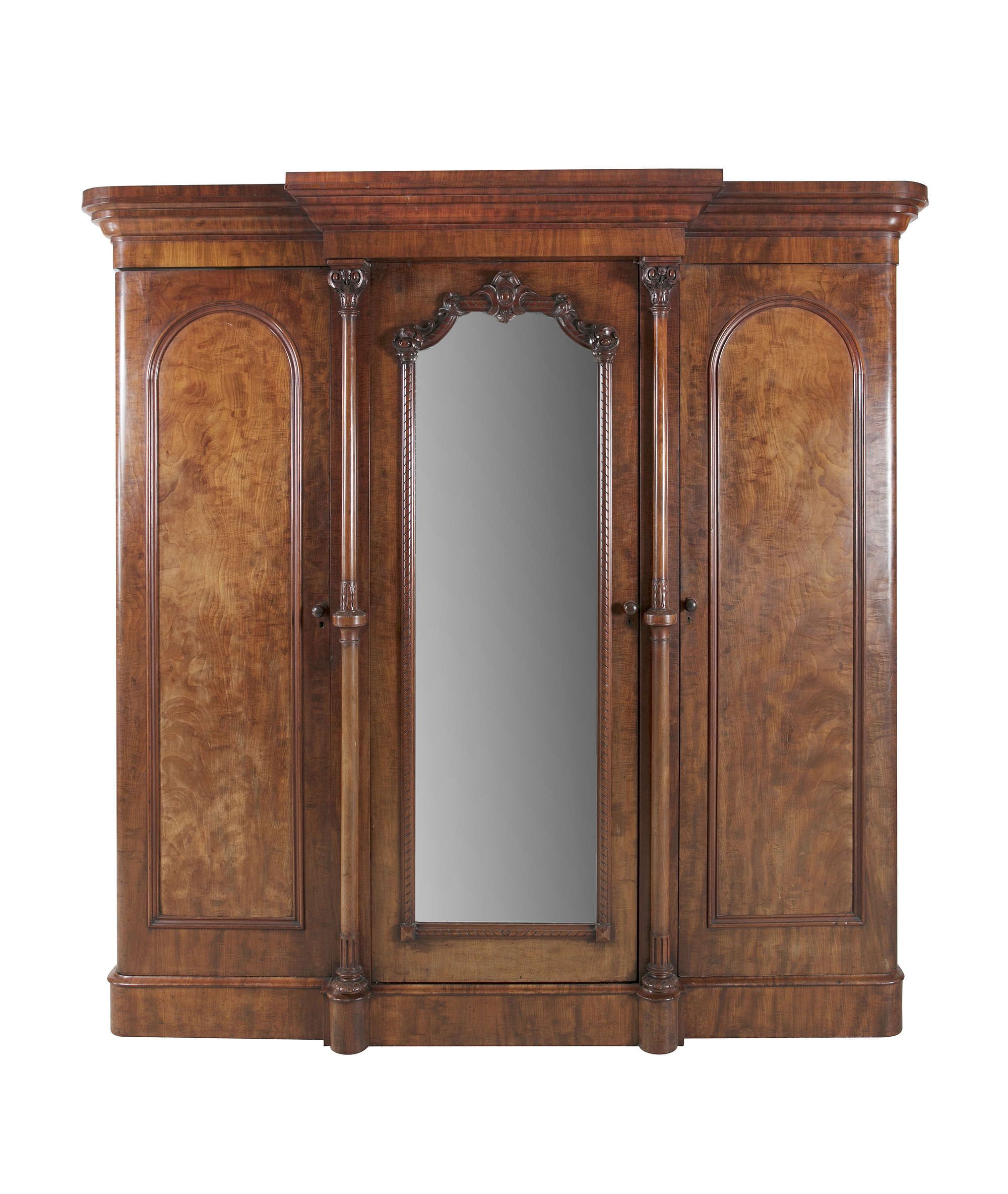 Lot:674 | A Victorian Mahogany Breakfront Wardrobe,j.j. Byrne Of  Dublin, With Bold Moulded Cornice Above A Central Mirror, Front Door,  Flankedslender Pillar And Twin Arch Top Panel Doors, Pertaining To Victorian Breakfront Wardrobes (Gallery 19 of 20)