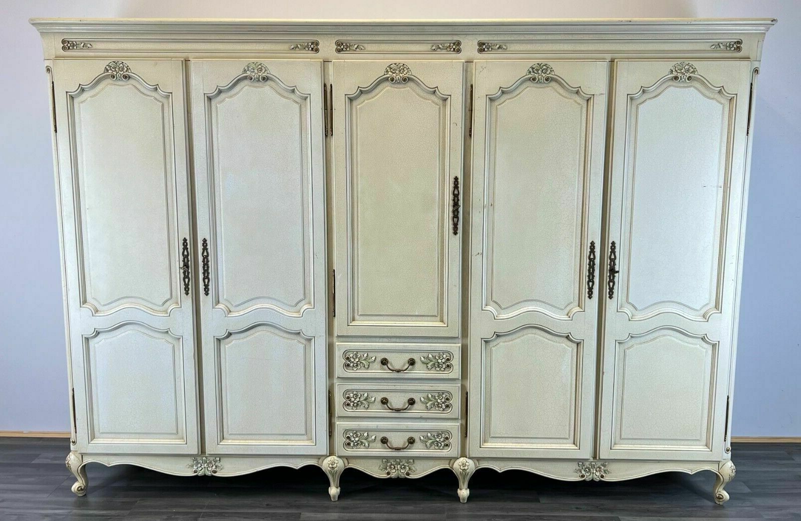 Louis Xv Style Shabby Chic French Carved 5 Door Armoire Wardrobe | Vinterior Throughout Vintage Shabby Chic Wardrobes (View 12 of 20)