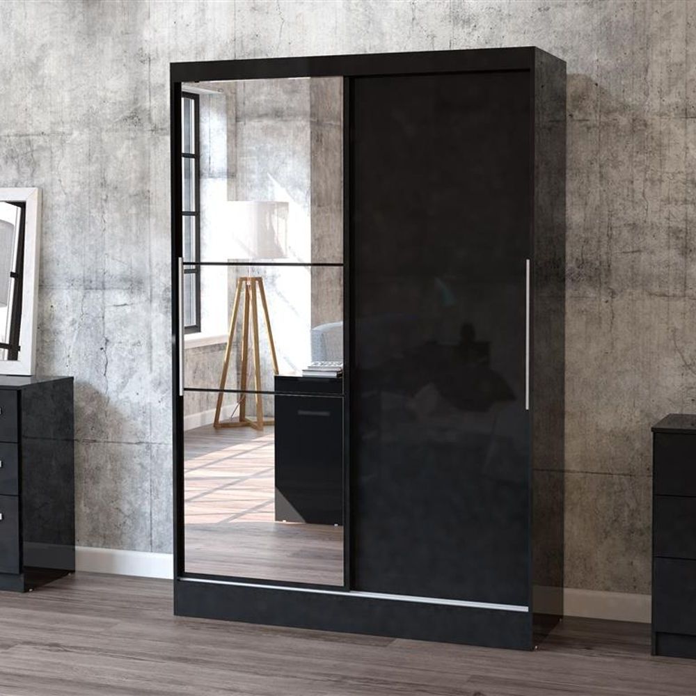 Lynx 2 Door Sliding Mirrored Wardrobe Black | Happy Beds Intended For Dark Wood Wardrobes With Mirror (View 7 of 20)