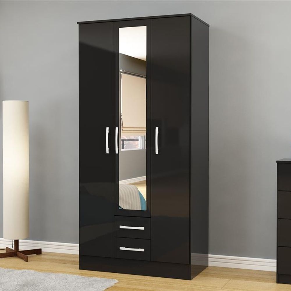 Lynx 3 Door Combination Mirrored Wardrobe Black | Happy Beds Intended For Black 3 Door Wardrobes (View 11 of 20)