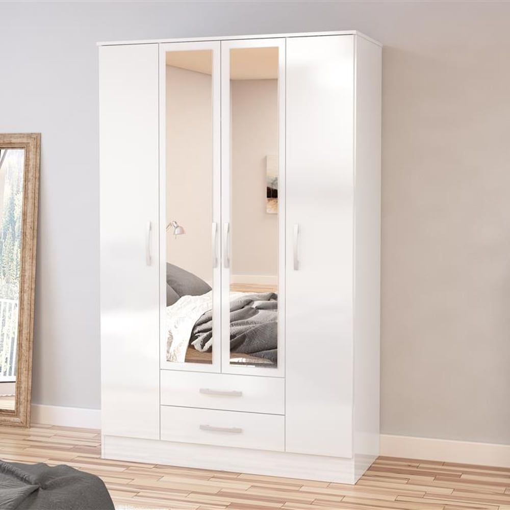Lynx 4 Door Combination Mirrored Wardrobe White | Happy Beds Intended For 4 Door Mirrored Wardrobes (View 7 of 20)