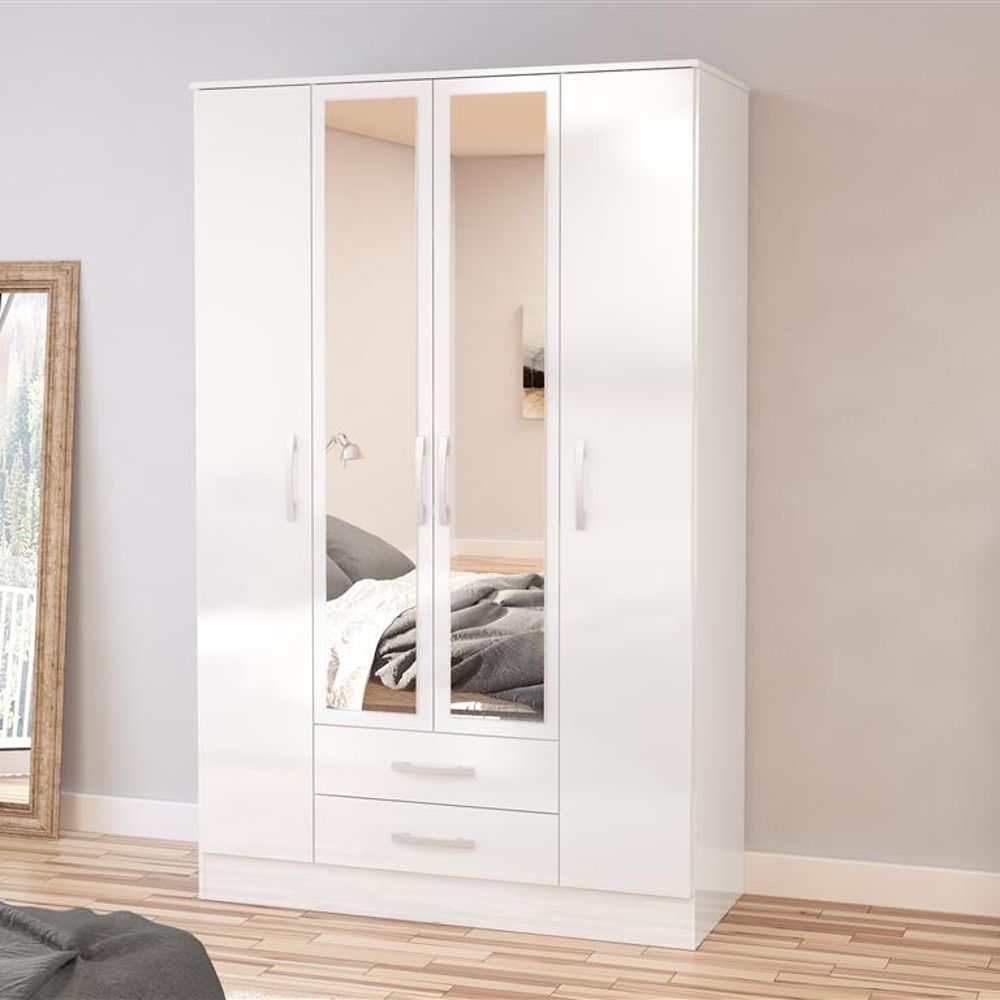 Lynx 4 Door Combination Mirrored Wardrobe White | Happy Beds With Regard To 4 Door White Wardrobes (Gallery 12 of 20)
