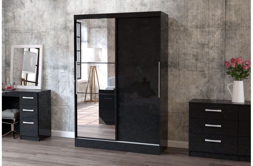 Lynx Black Gloss Wardrobe Mirrored Door | Bedroom Furniture | Fads For Black Gloss Mirror Wardrobes (View 11 of 14)
