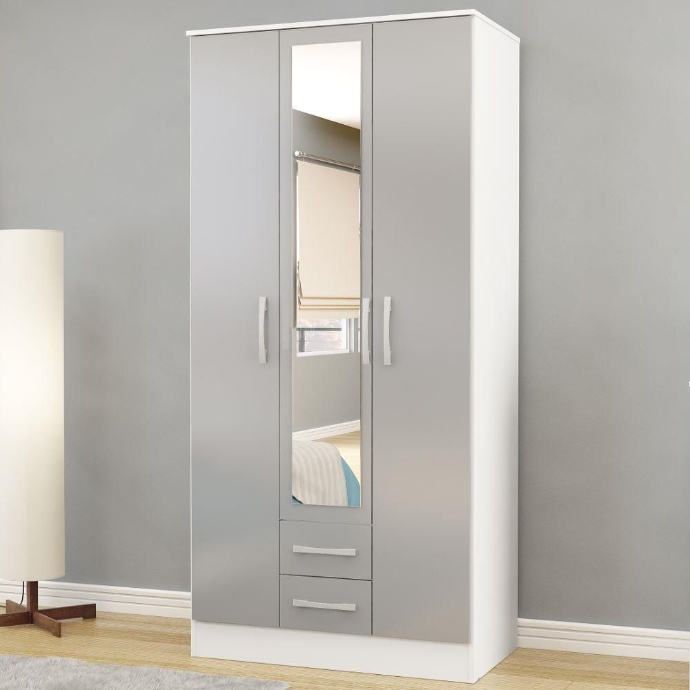 Lynx White/grey 3 Door Combination Wardrobe | Happy Beds Throughout White 3 Door Mirrored Wardrobes (Gallery 17 of 20)