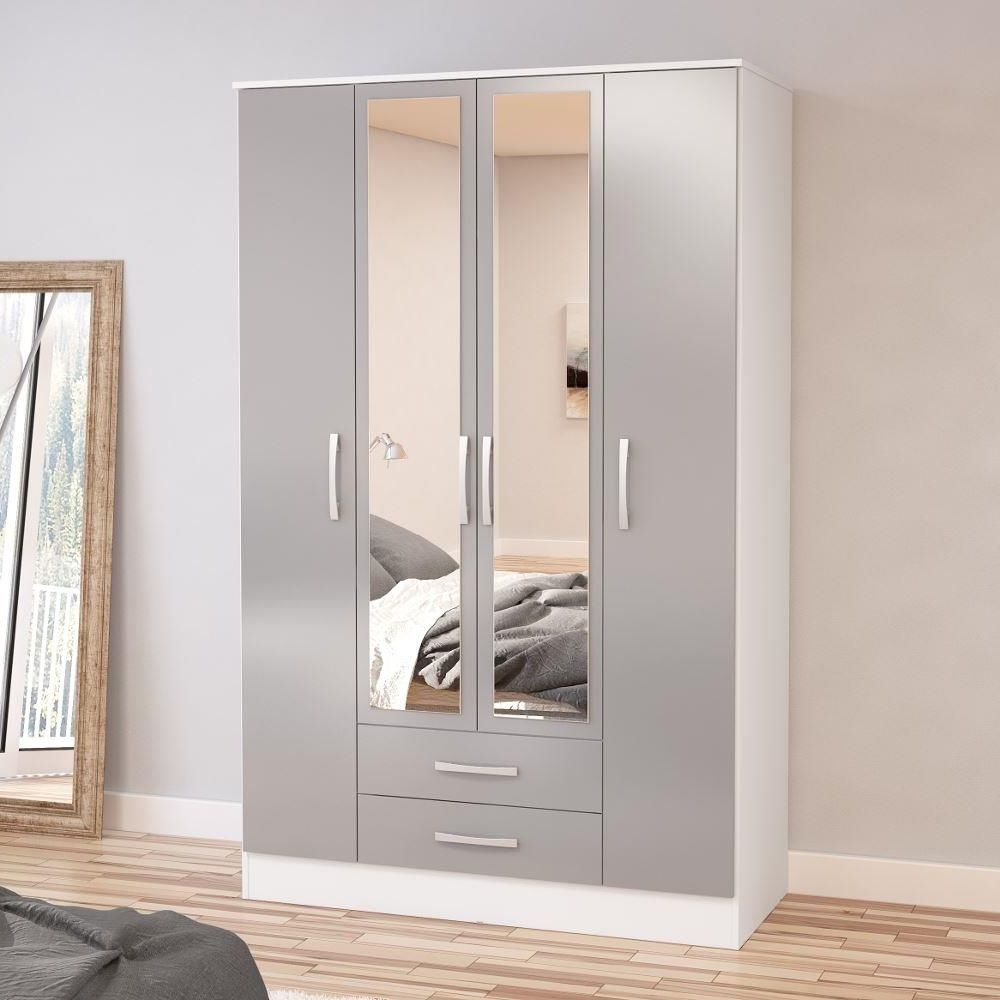 Lynx White/grey 4 Door 2 Drawer Wardrobe | Happy Beds Regarding Wardrobes With Mirror And Drawers (View 4 of 20)