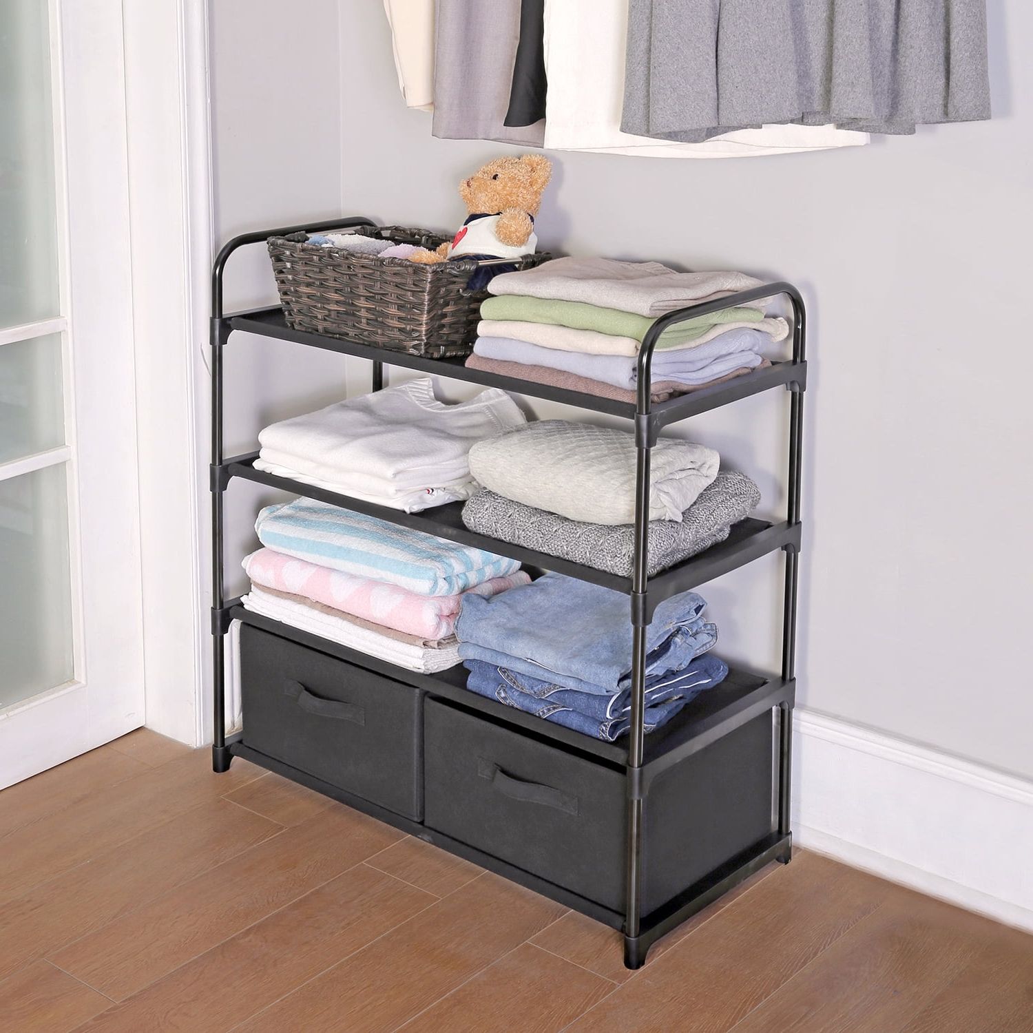 Mainstays 4 Shelf Home Closet Organizer With 2 Fabric Bins, Black –  Walmart In Wardrobes With 2 Bins (Gallery 1 of 20)