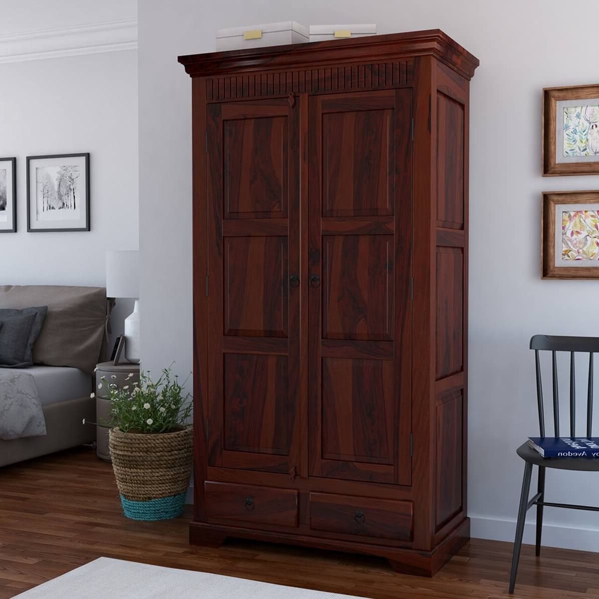 Marengo Rustic Solid Wood Large Wardrobe Armoire W Shelves And Drawers Intended For Large Wooden Wardrobes (Gallery 16 of 20)