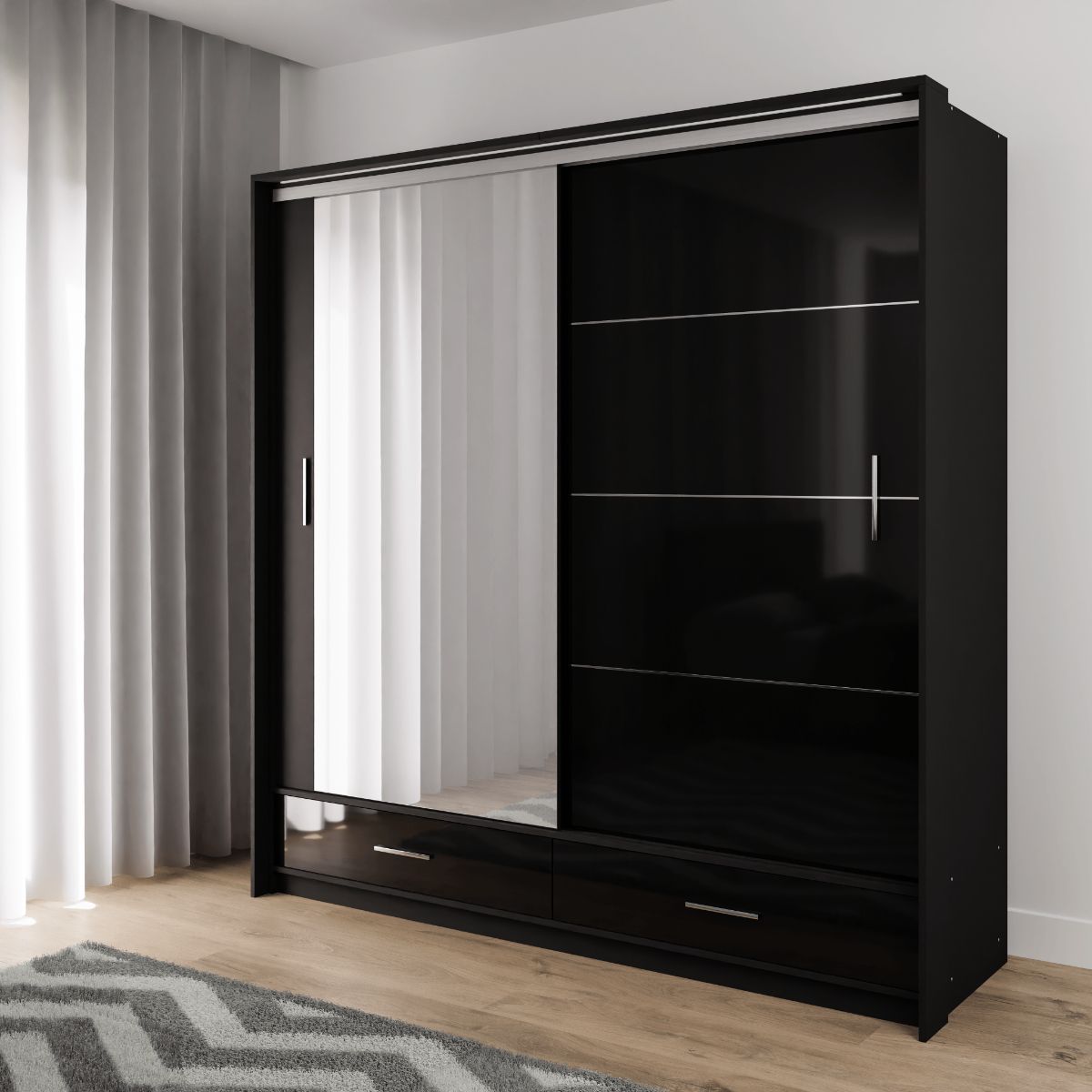 Marsylia 208cm Sliding Door Wardrobe Black | Dako Furniture | Dako Furniture Inside Black Single Door Wardrobes (Gallery 20 of 20)