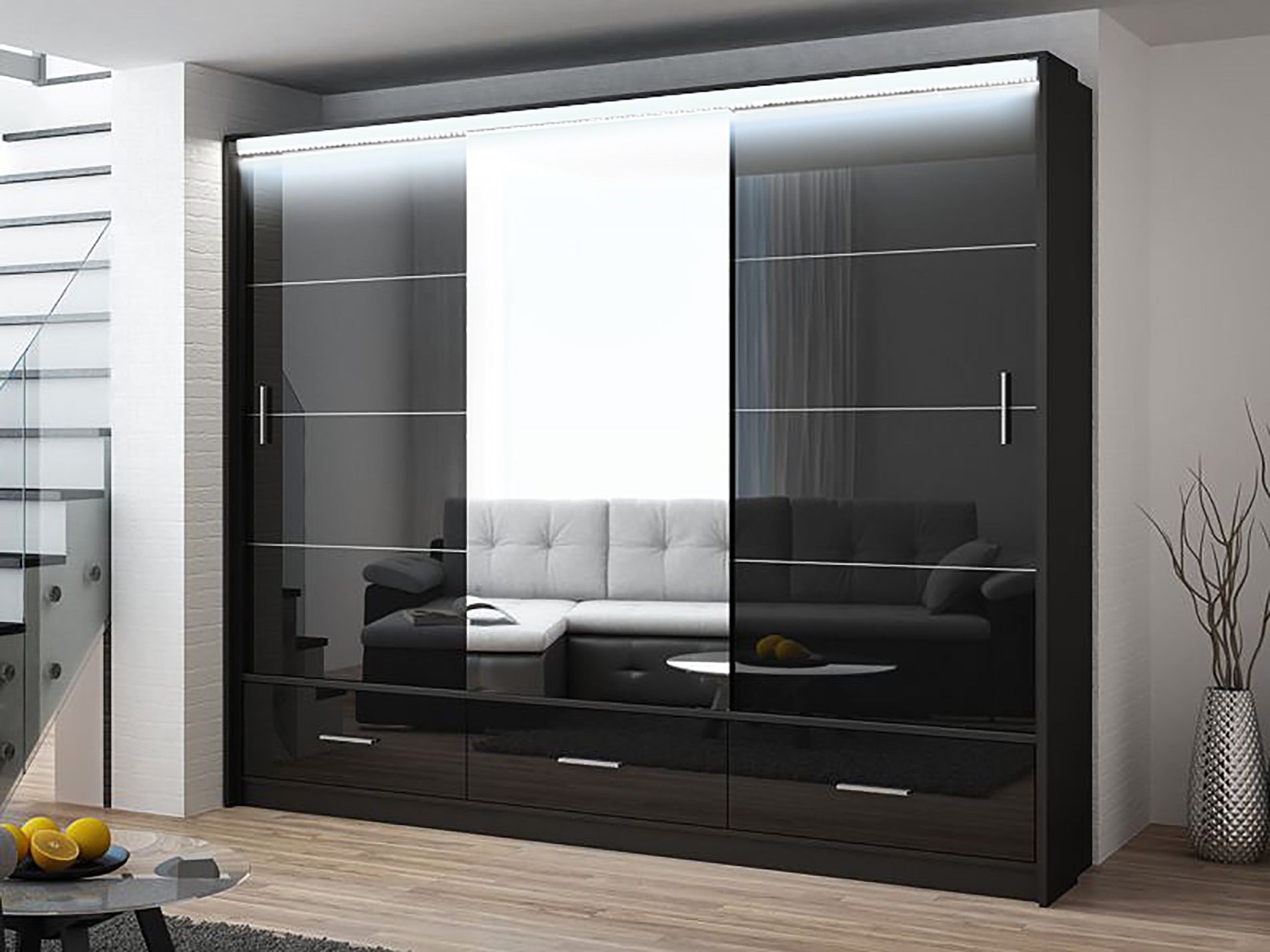 Marsylia Wardrobe, Black Gloss + Mirror 255cm ,hull Furniture Inside Black Gloss Mirror Wardrobes (View 8 of 14)