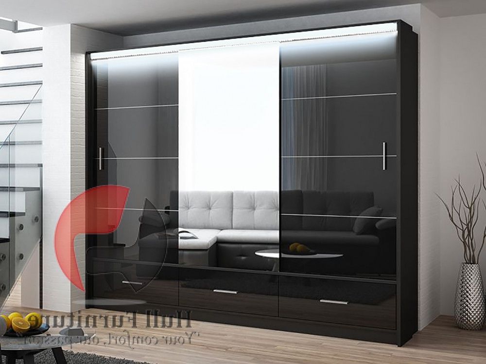 Marsylia Wardrobe, Black Gloss + Mirror 255cm ,hull Furniture Regarding Black Shiny Wardrobes (Gallery 8 of 20)