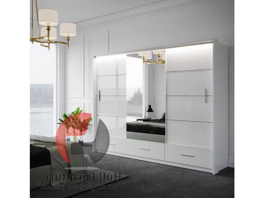 Marsylia Wardrobe, White Gloss + Mirror 255cm ,hull Furniture In White Gloss Mirrored Wardrobes (View 5 of 20)