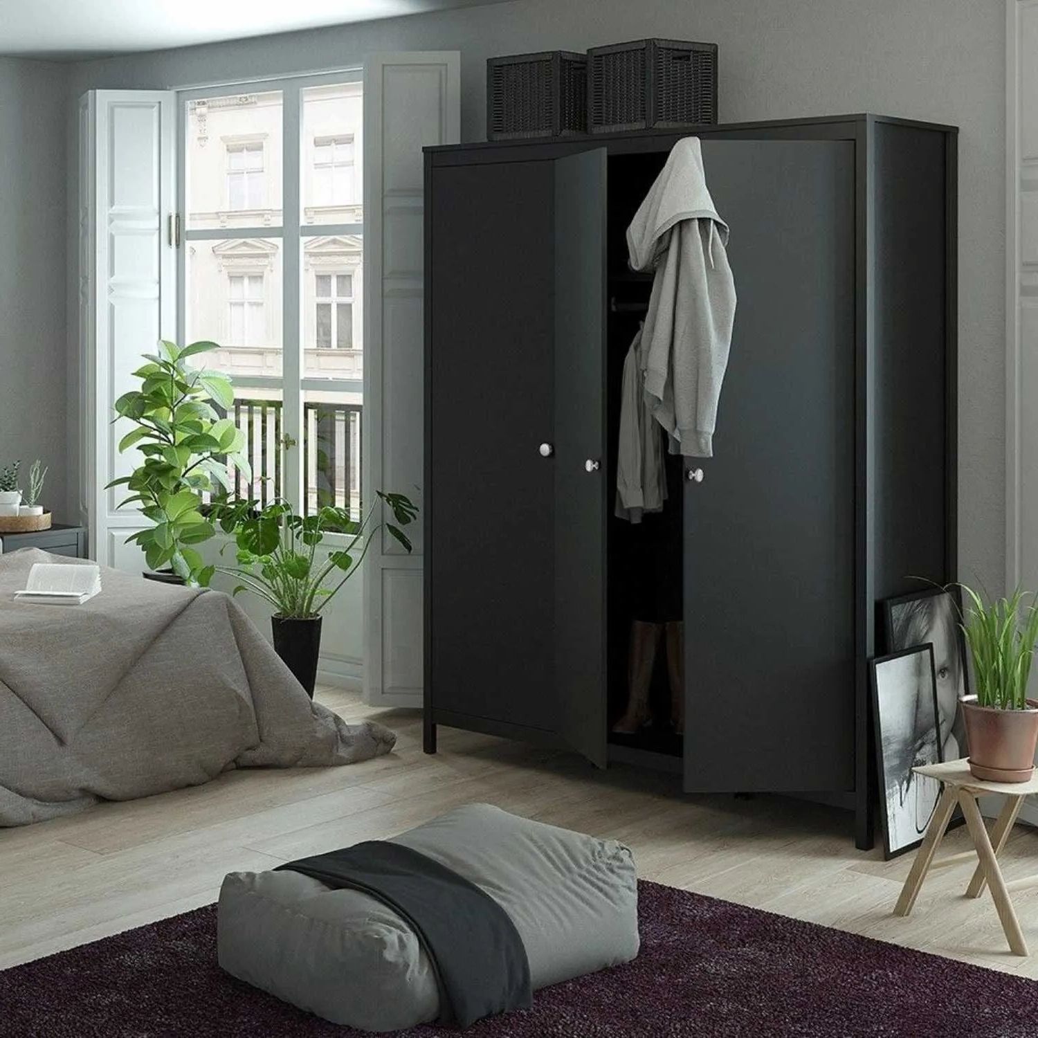 Matt Black 3 Door Triple Wardrobe With 5 Shelves – Home Living With Black 3 Door Wardrobes (View 14 of 20)