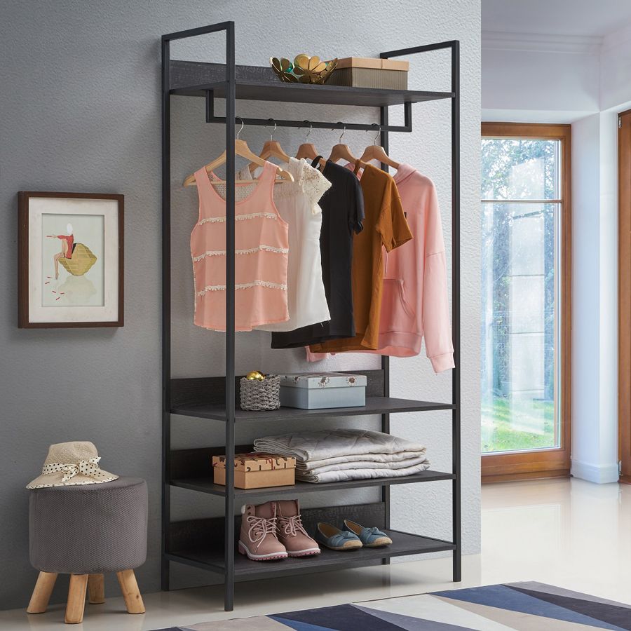 Mersey Open Wardrobe With 4 Shelves | Black | Self Assembly | Oak World Regarding Wardrobes With 4 Shelves (Gallery 1 of 20)