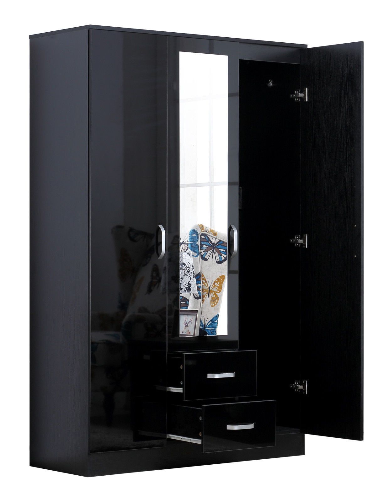 Mirror Xl Black High Gloss 3 Door Wardrobe With 2 Drawers And 1 Mirror |  Ebay Inside Black Gloss Mirror Wardrobes (Gallery 7 of 14)
