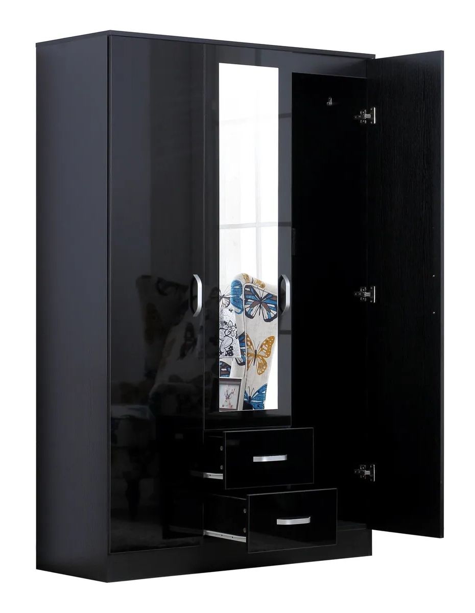 Mirror Xl Black High Gloss 3 Door Wardrobe With 2 Drawers And 1 Mirror |  Ebay Intended For Black Gloss 3 Door Wardrobes (Gallery 2 of 20)