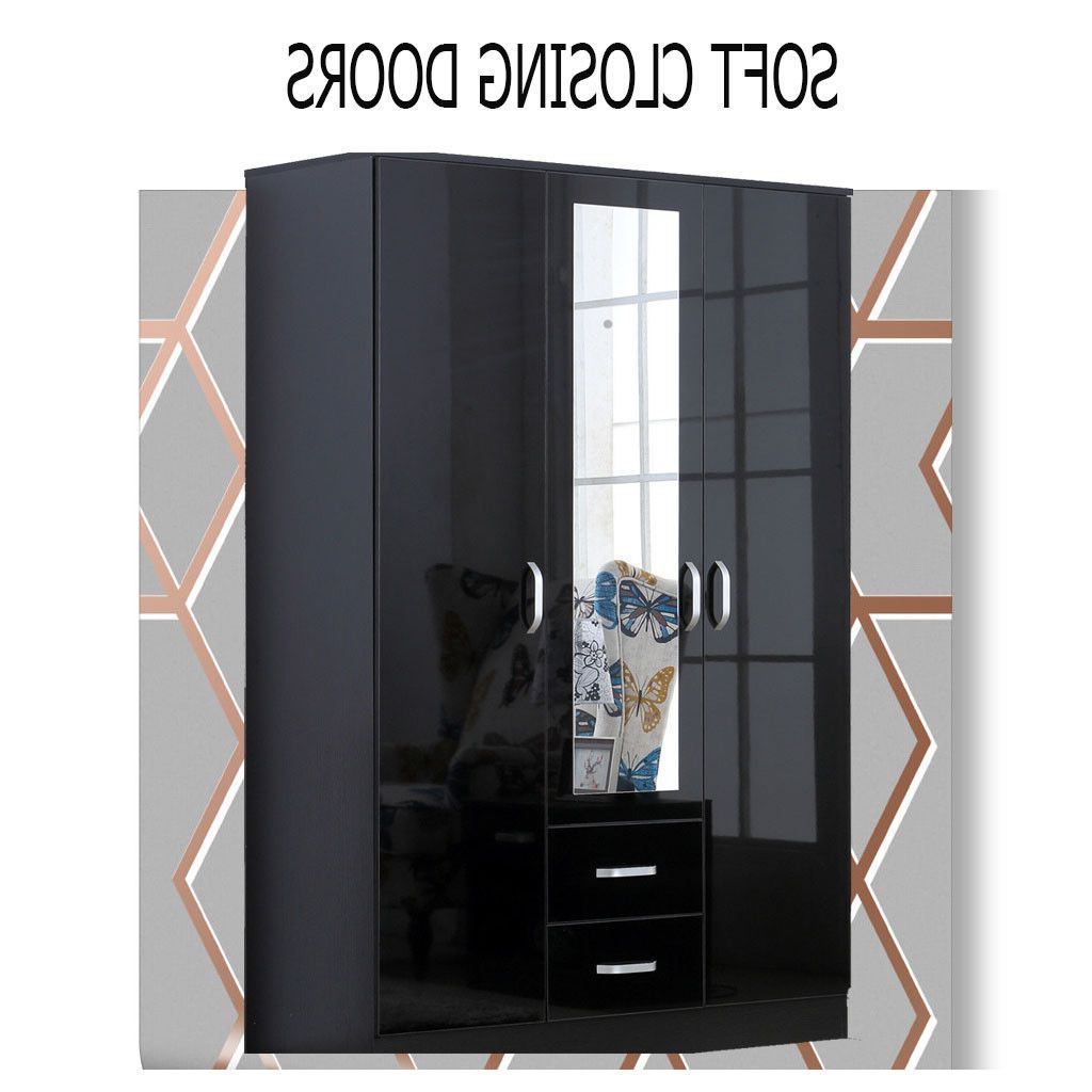 Mirror Xl Black High Gloss 3 Door Wardrobe With 2 Drawers And 1 Mirror |  Ebay With Regard To Black Wardrobes With Drawers (Gallery 5 of 20)