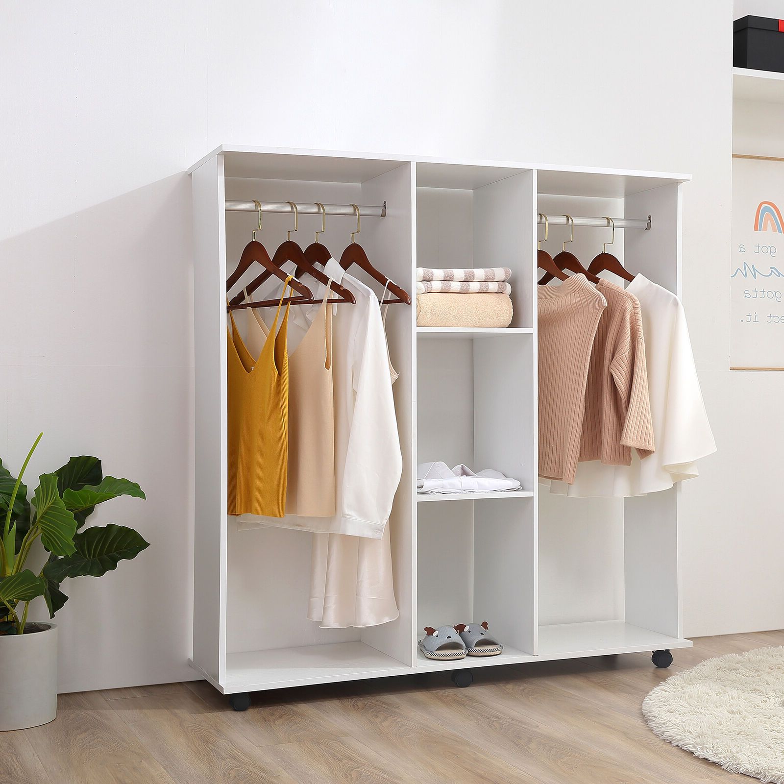 Mobile Open Wardrobe Storage Shelves Organiser W/6 Wheels Clothes Hanging  Rail | Ebay Pertaining To Hanging Wardrobes Shelves (View 13 of 20)