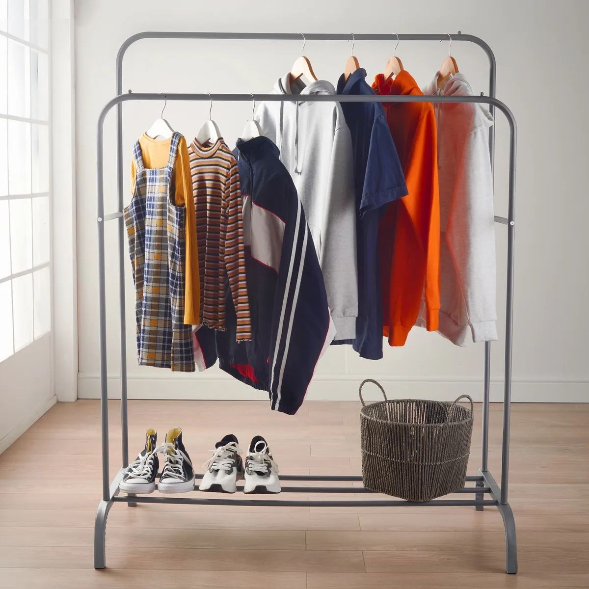 Moda Dual Clothing Rail Rack 110cm Heavy Duty Garment Hanging Grey Shoe  Storage | Ebay For Double Clothes Rail Wardrobes (View 7 of 20)