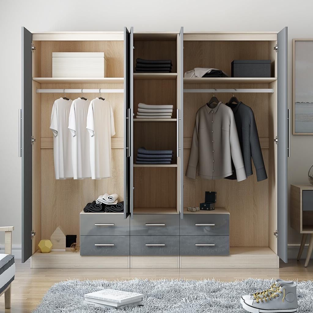 Modern 5 Door Fitment Mirrored Wardrobe In High Gloss Grey With 6 Drawers (View 6 of 20)